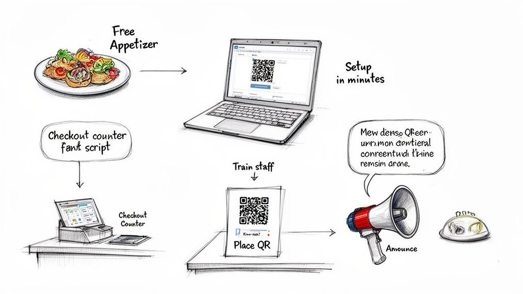 Diagramm zur Veranschaulichung des Einrichtungsprozesses f&uuml;r ein Restaurant-Treueprogramm mit QR-Codes und digitaler Kasse.