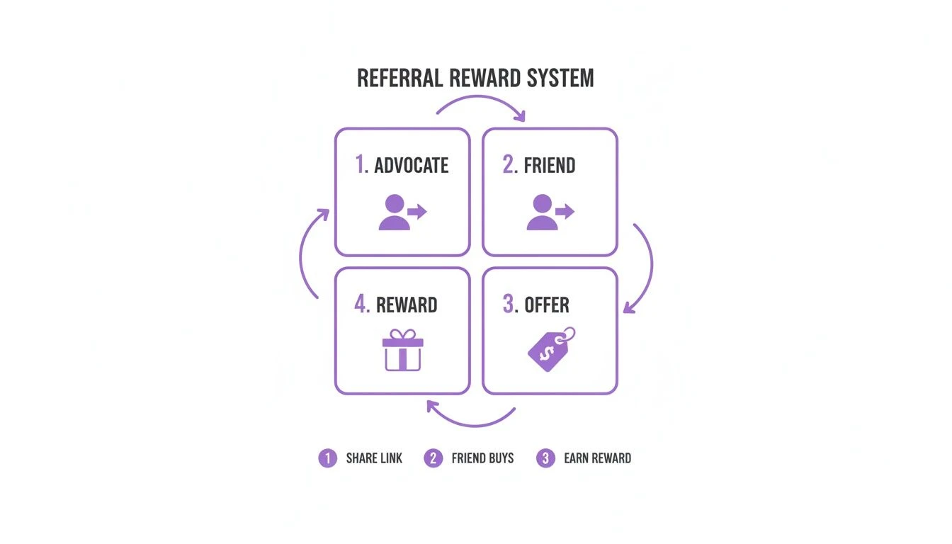 Diagram of a referral reward system illustrating advocate, friend, offer, and reward stages.