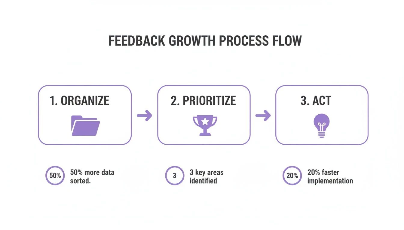 Egy h&aacute;roml&eacute;pcsős visszacsatol&aacute;si n&ouml;veked&eacute;si folyamat diagramja: Szervez&eacute;s, priorit&aacute;sok meghat&aacute;roz&aacute;sa &eacute;s cselekv&eacute;s, a kapcsol&oacute;d&oacute; m&eacute;rősz&aacute;mokkal.