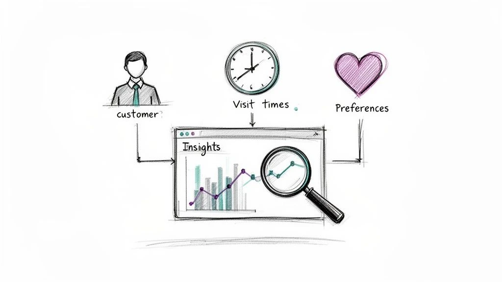 Diagramm der Kundendaten, Besuchszeiten und Pr&auml;ferenzen, die in ein Dashboard zur Analyse einflie&szlig;en.