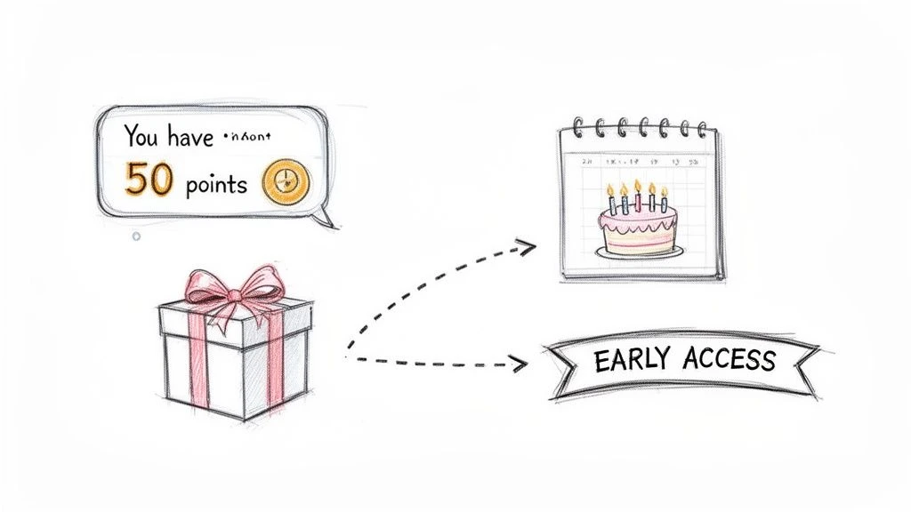 Diagramm mit 50 Punkten, einer Geschenkbox, einem Geburtstagskuchen-Kalender und einem fr&uuml;hen Zugang, verbunden durch Pfeile.