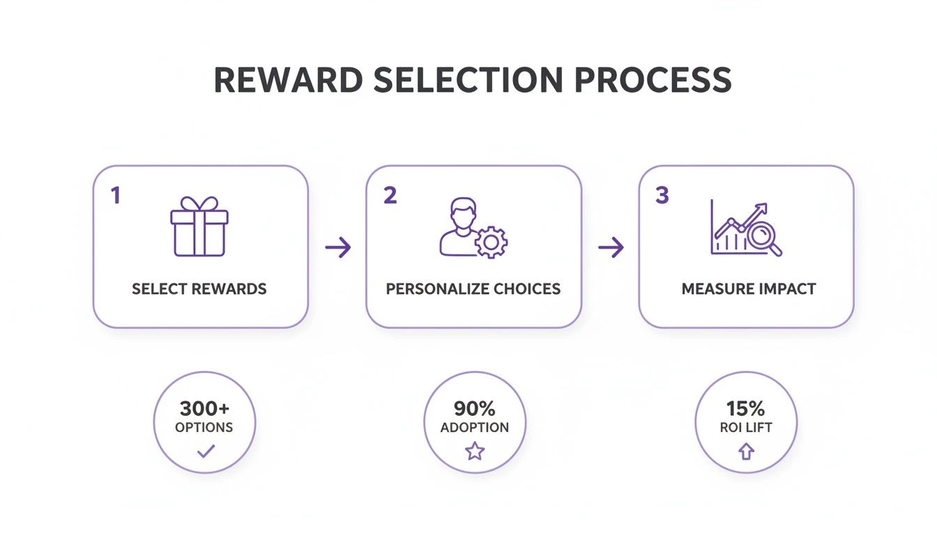 Diagramme montrant un processus de sélection des récompenses en trois étapes : sélection, personnalisation et mesure de l'impact, avec les métriques associées.