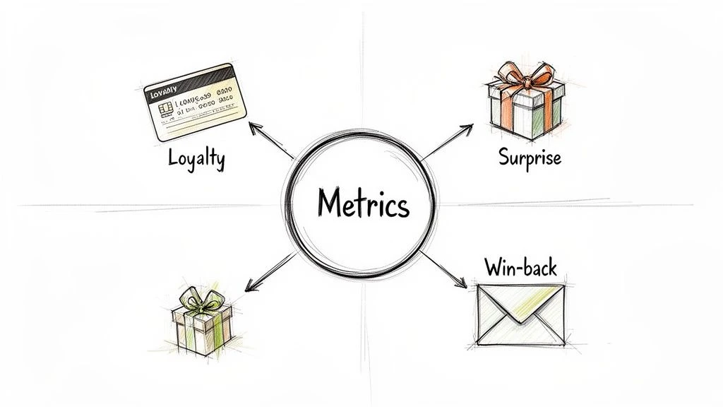 Diagramm der Kundenbindungskennzahlen: Treueprogramme, &Uuml;berraschungsgeschenke und R&uuml;ckgewinnungskampagnen.