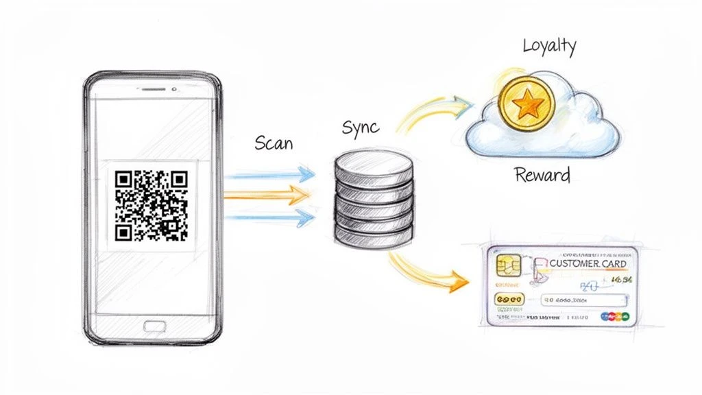 Das Diagramm zeigt das Scannen des QR-Codes durch das Mobiltelefon, die Synchronisierung der Daten mit einer Datenbank, die Verbindung mit einer Treuepr&auml;mien-Cloud und eine Kundenkarte.