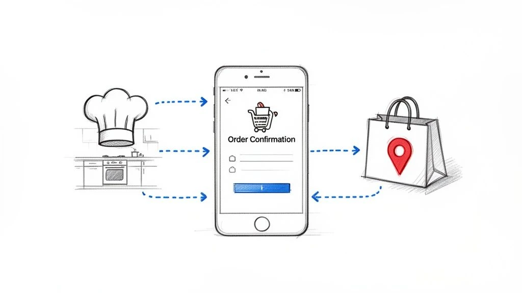 Schéma znázorňujúca proces online objednávania jedla s kuchárom, aplikáciou pre smartfóny a taškou na donášku.