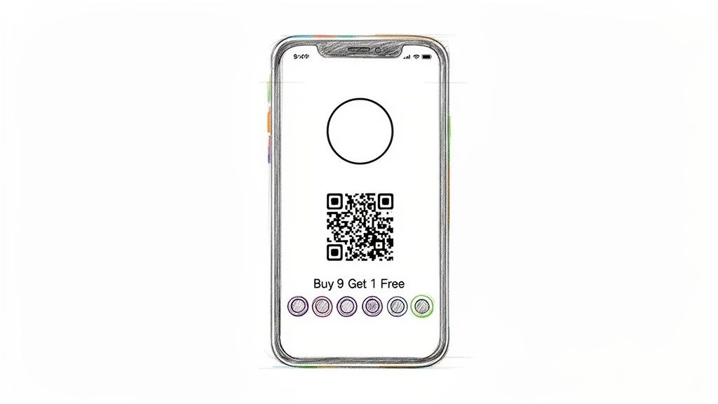 Digit&aacute;lna vernostn&aacute; karta zobrazen&aacute; na obrazovke smartf&oacute;nu s QR k&oacute;dom a pečiatkami 
