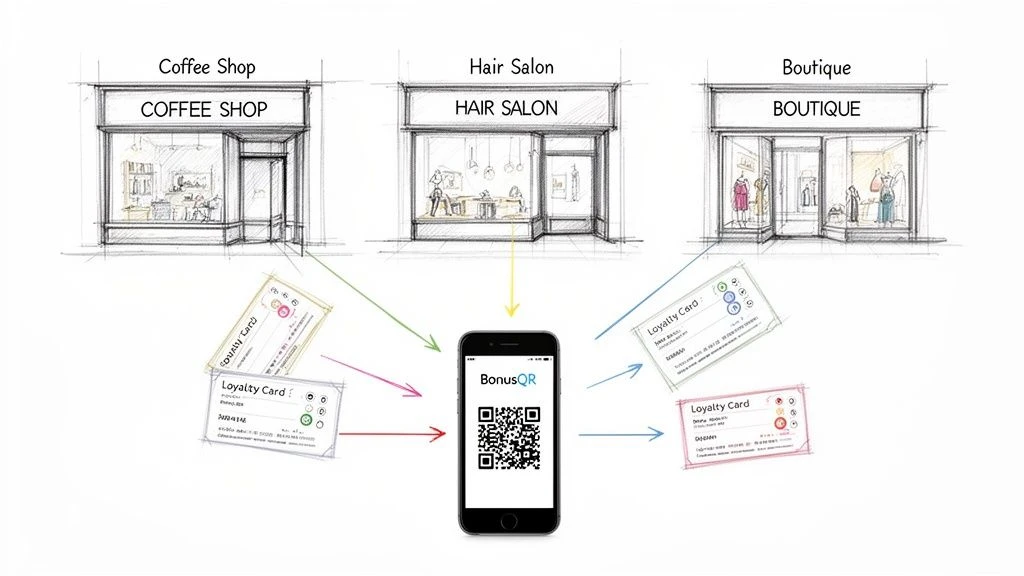 Digitales Treueprogramm auf einem Smartphone, das die Karten eines Caf&eacute;s, eines Friseursalons und einer Boutique integriert.