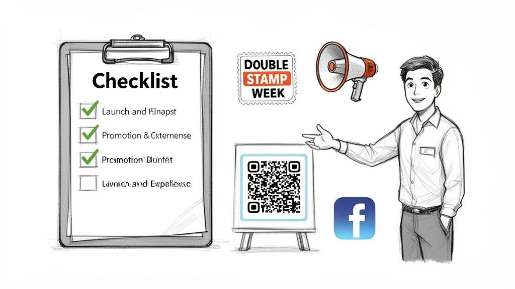 Cyfrowa ilustracja marketingowa z listą kontrolną, promocją z podw&oacute;jnym stemplem, kodem QR i wskazującym mężczyzną.