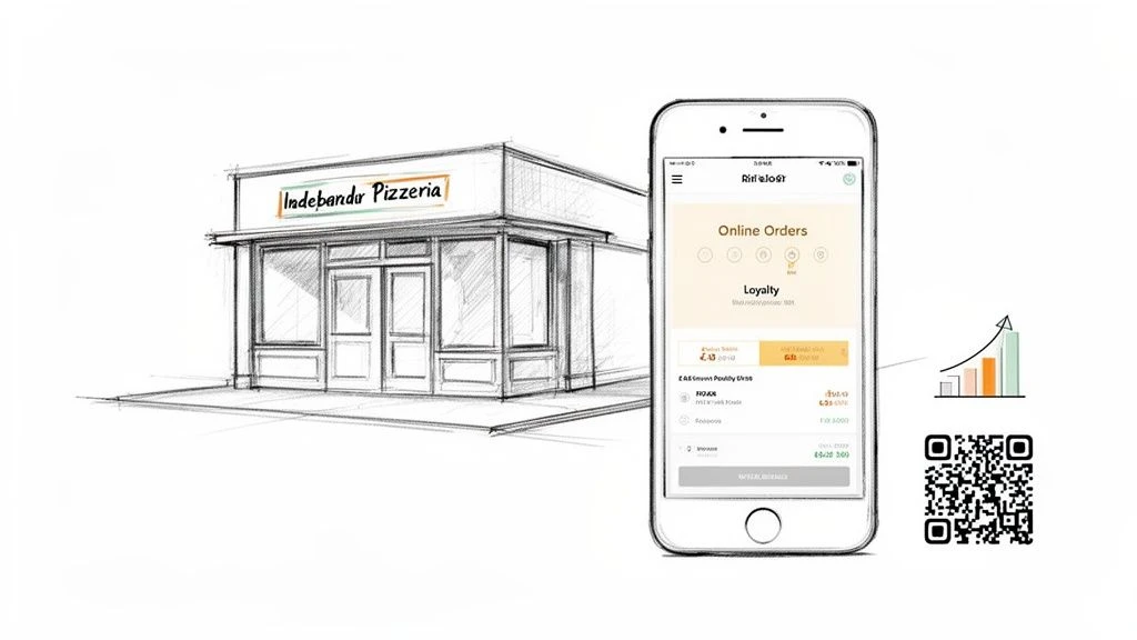 Digital solution for pizzerias: smartphone app with online orders, loyalty, growth insights, and QR code.