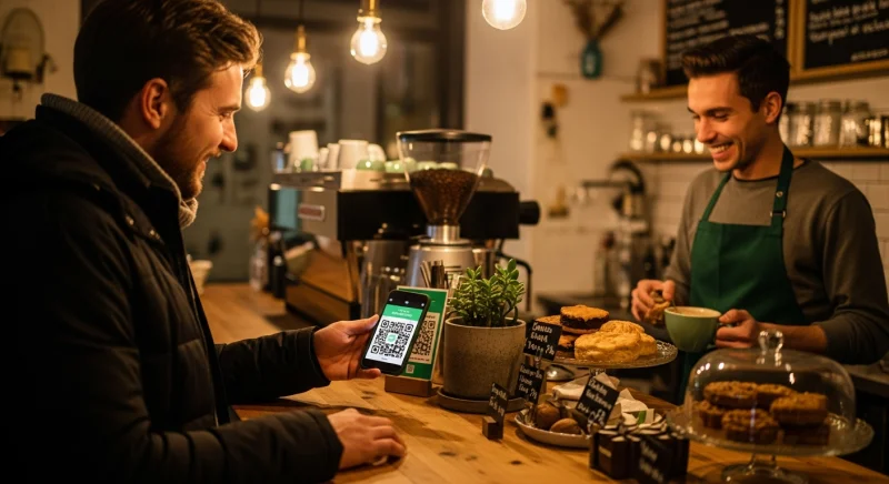 Client scannant un code QR de programme de fidélité au comptoir d'un café