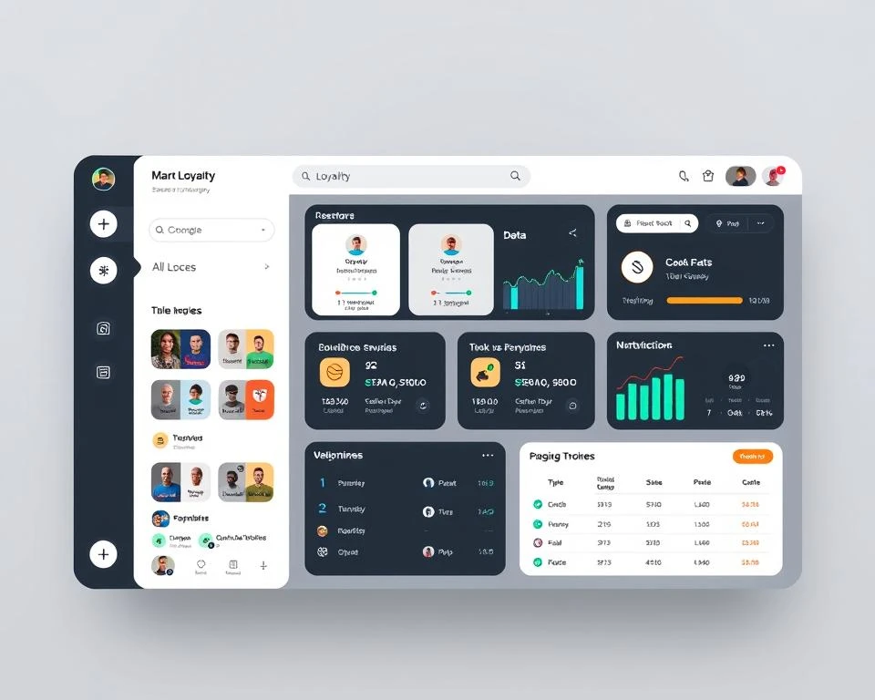 Eine schlanke und moderne Benutzeroberfläche für eine Kundenbindungsanwendung, die ein übersichtliches Dashboard mit anpassbaren Kacheln, intuitiver Navigation und Tools zur Datenvisualisierung bietet. Die Anwendung ist in einem minimalistischen Hintergrund aus sanften Grautönen gehalten, mit subtilen Lichtakzenten, die die klaren Kanten und die lebendige Farbpalette der Elemente der Benutzeroberfläche hervorheben. Der Gesamteindruck vermittelt ein Gefühl von Effizienz, Benutzerfreundlichkeit und einem nahtlosen digitalen Erlebnis, das auf die Bedürfnisse eines modernen Unternehmens zugeschnitten ist.