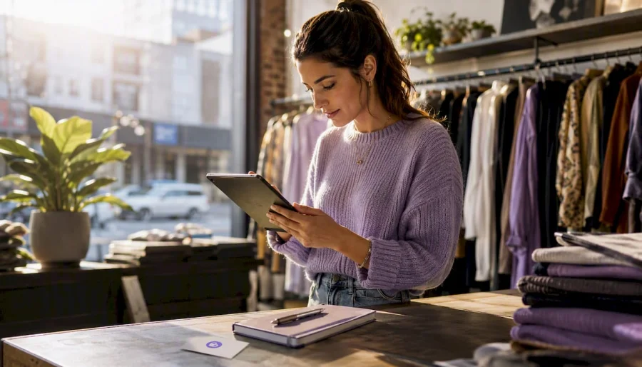 Female retailer managing loyalty points on tablet