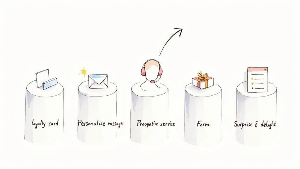 Cinque pilastri illustrati che mostrano gli elementi di fidelizzazione dei clienti: carta fedeltà, messaggio personalizzato, servizio proattivo, modulo, sorpresa e piacere.