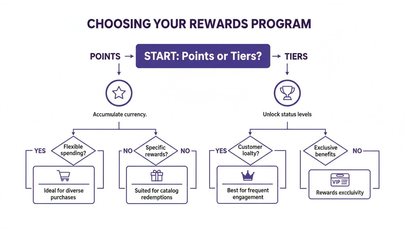 Diagrama de flujo que gu&iacute;a la elecci&oacute;n entre puntos o niveles para un programa de recompensas, detallando los beneficios.