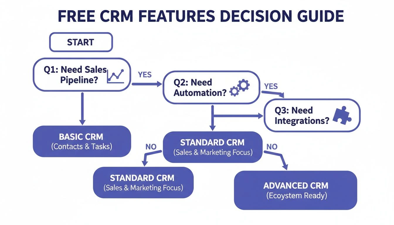 Flussdiagramm, das die Benutzer durch Fragen zur Vertriebskette, zur Automatisierung und zu Integrationen f&uuml;hrt, um das beste kostenlose CRM auszuw&auml;hlen.