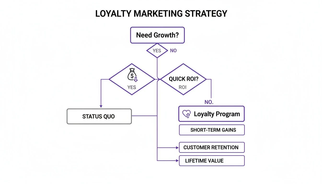 Organigramme d'une strat&eacute;gie de marketing de fid&eacute;lisation, orientant les d&eacute;cisions en fonction des besoins de croissance et de retour sur investissement.