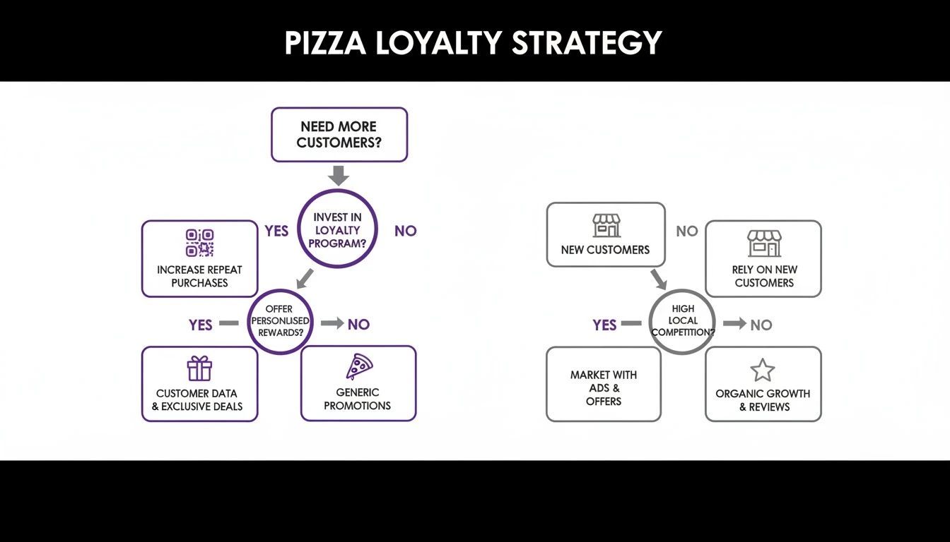 Folyamatdiagram egy pizzás hűségstratégiáról, amely részletezi az ismétlődő vásárlások és az új ügyfelek megszerzésének útvonalait.