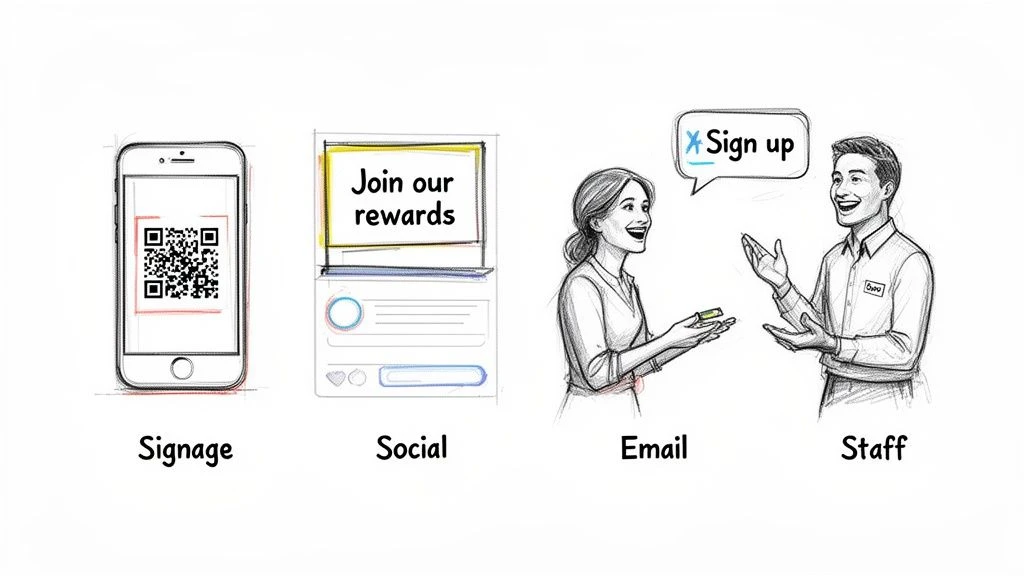 Vier Illustrationen, die verschiedene Methoden f&uuml;r die Registrierung von Kundenbindungsprogrammen zeigen: Beschilderung, soziale Netzwerke, E-Mail und Mitarbeiter.