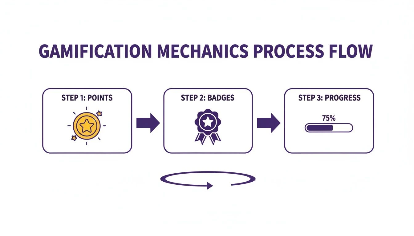 M&eacute;canisme de gamification : flux de processus illustrant les &eacute;tapes : points, badges, et progr&egrave;s, avec une boucle de r&eacute;troaction continue.