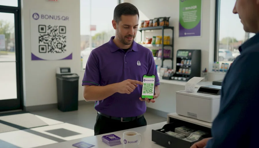 Gas station attendant demonstrates loyalty app at counter