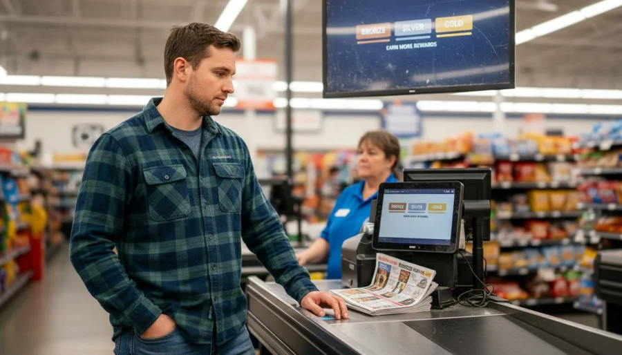 Grocery shopper viewing tiered rewards display