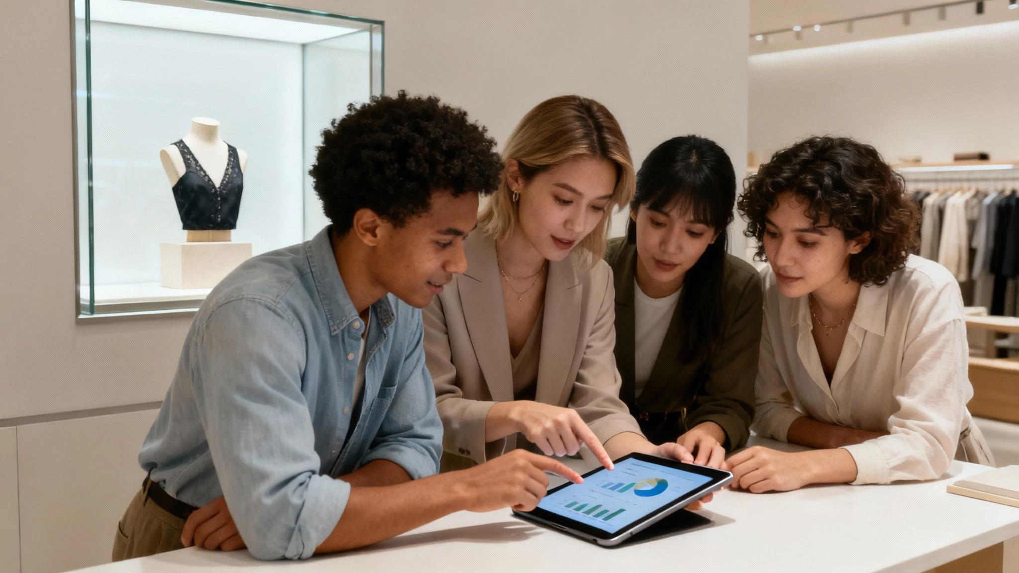 Skupina rôznorodých zákazníkov, ktorí sa zapájajú do práce s maloobchodnou značkou na svojich telefónoch a v prostredí fyzickej predajne