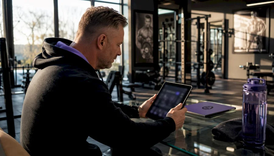 Majitel fitness centra kontroluj&iacute;c&iacute; digit&aacute;ln&iacute; odměny na tabletu