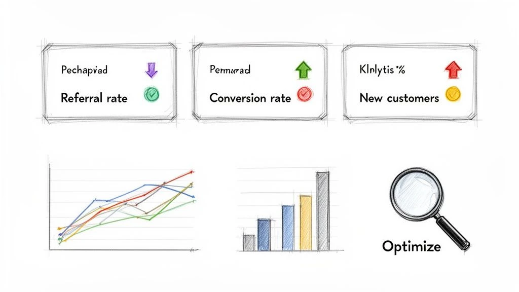 Ručně kreslen&yacute; panel obchodn&iacute;ch ukazatelů s m&iacute;rou doporučen&iacute;, konverz&iacute;, nov&yacute;mi z&aacute;kazn&iacute;ky, grafy a optimalizačn&iacute;m konceptem.