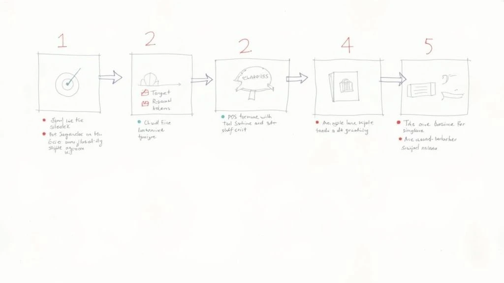 Diagrama de flujo de un proceso empresarial dibujado a mano que muestra los pasos con iconos como una diana, una nube, un globo de diálogo y una papelera.