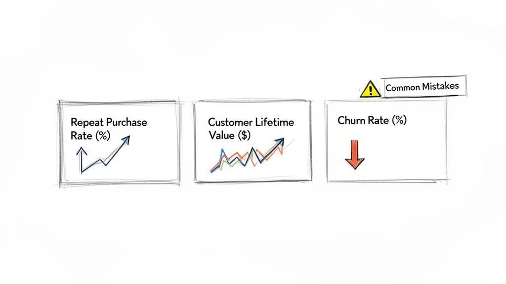 Gr&aacute;ficos dibujados a mano que ilustran las m&eacute;tricas de retenci&oacute;n de clientes: repetici&oacute;n de compra, aumento del valor vitalicio y disminuci&oacute;n de la tasa de abandono.