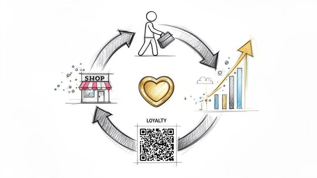 Hand-drawn diagram of a customer loyalty cycle showing shop visits, business growth, and loyalty program engagement.
