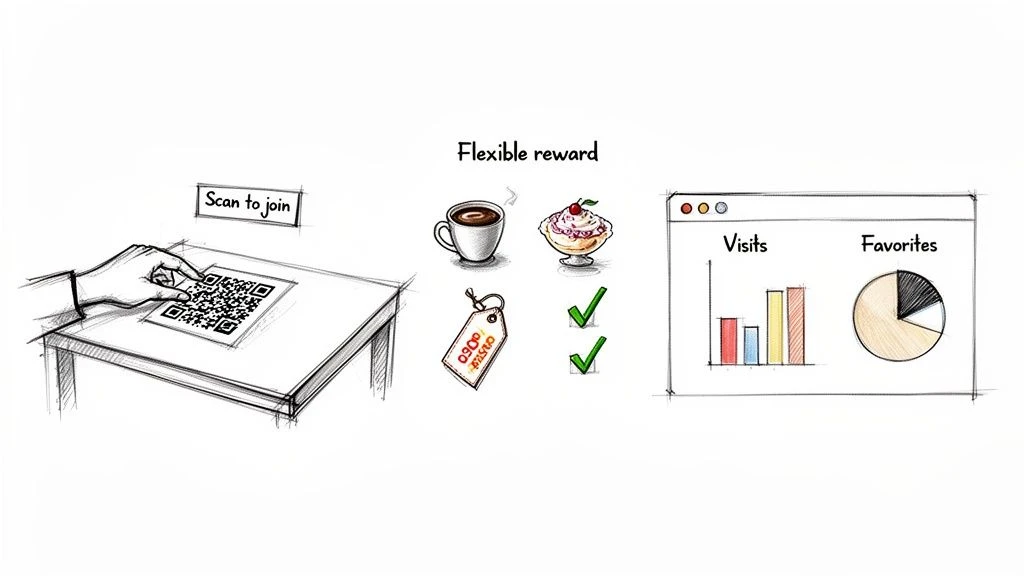 Kézzel rajzolt útmutató egy QR-kódos regisztrációt, változatos jutalmakat és vásárlói viselkedéselemzést tartalmazó hűségprogramhoz.