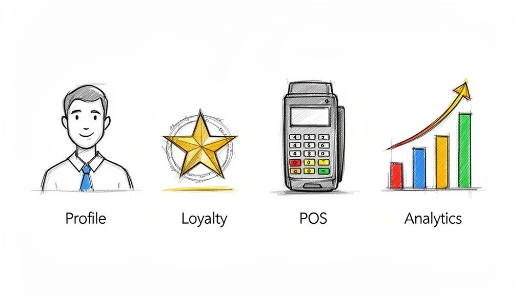 Icônes dessinées à la main représentant le profil du client, le programme de fidélisation, le terminal de point de vente et les analyses commerciales.
