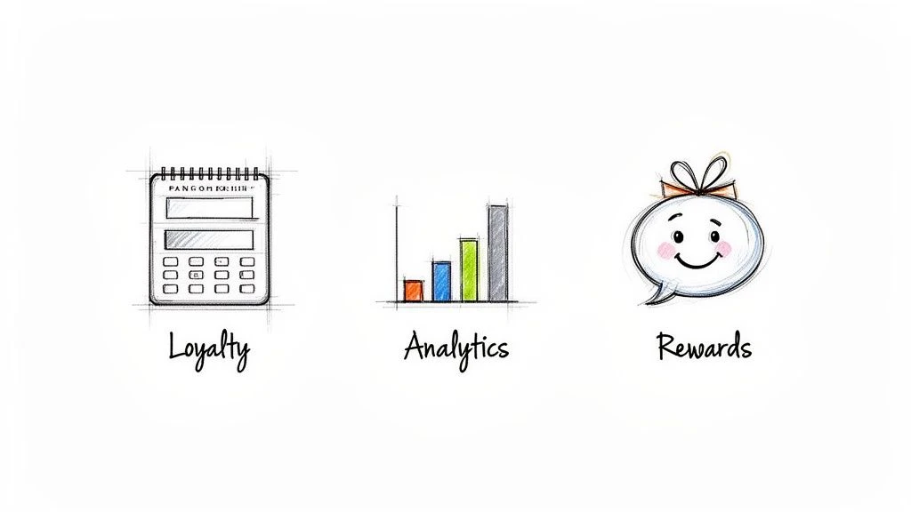 Ręcznie rysowane ikony ilustrujące programy lojalnościowe, analizę danych i nagrody dla klient&oacute;w.