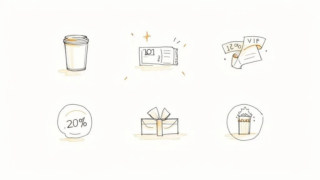 Iconos dibujados a mano que ilustran diversas recompensas del programa de fidelización, como café, entradas, descuentos, regalos y ventajas VIP.