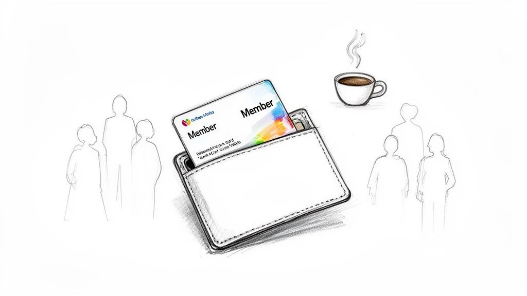 Handgezeichnete Illustration einer Mitgliedskarte in einer Brieftasche, einer dampfenden Kaffeetasse und der Silhouetten von Menschen.