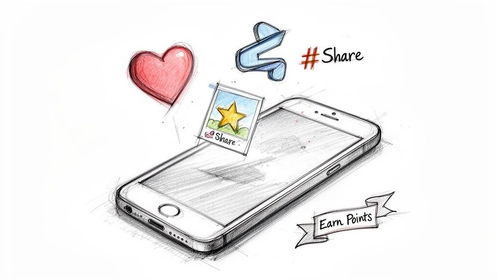 K&eacute;zzel rajzolt illusztr&aacute;ci&oacute; egy okostelefonr&oacute;l, k&ouml;z&ouml;ss&eacute;gi m&eacute;dia elk&ouml;telezetts&eacute;gi elemekkel, p&eacute;ld&aacute;ul megoszt&aacute;ssal &eacute;s pontgyűjt&eacute;ssel.