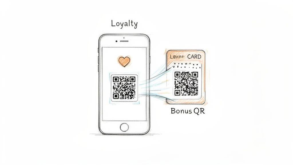 Ručne kreslen&aacute; ilustr&aacute;cia zn&aacute;zorňuj&uacute;ca smartf&oacute;n zobrazuj&uacute;ci vernostn&yacute; QR k&oacute;d pripojen&yacute; k bonusovej vernostnej karte.