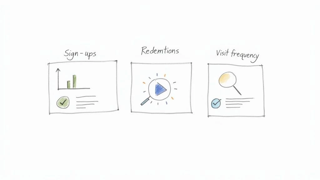 Ručně kreslen&eacute; ilustrace tř&iacute; obchodn&iacute;ch ukazatelů: Registrace, čerp&aacute;n&iacute; a četnost n&aacute;v&scaron;těv.