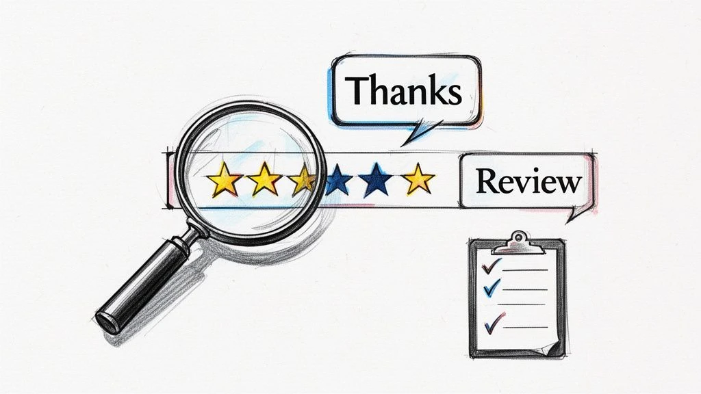 Ručne kreslen&yacute; obr&aacute;zok hviezdičiek hodnotenia z&aacute;kazn&iacute;kov, lupa, text 