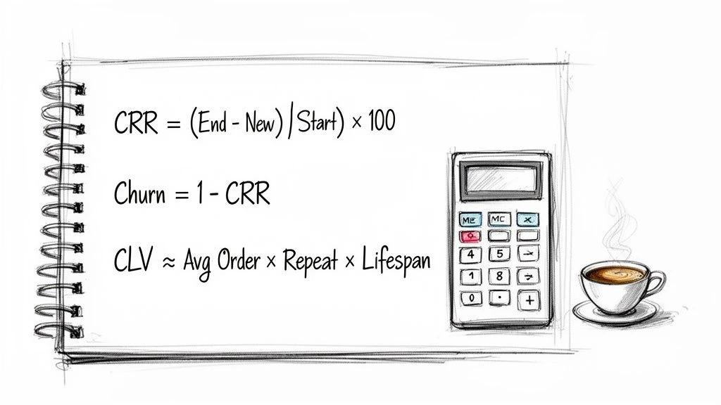 Handgezeichnetes Bild mit Formeln f&uuml;r Kundenbindungsrate, Kundenabwanderung und Customer Lifetime Value in einem Notizbuch.