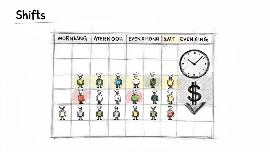 K&eacute;zzel rajzolt műszakbeoszt&aacute;s sz&iacute;nes egyenruh&aacute;s szak&aacute;csokkal, &oacute;r&aacute;val &eacute;s a k&ouml;lts&eacute;gcs&ouml;kkent&eacute;st jelző doll&aacute;rjellel.