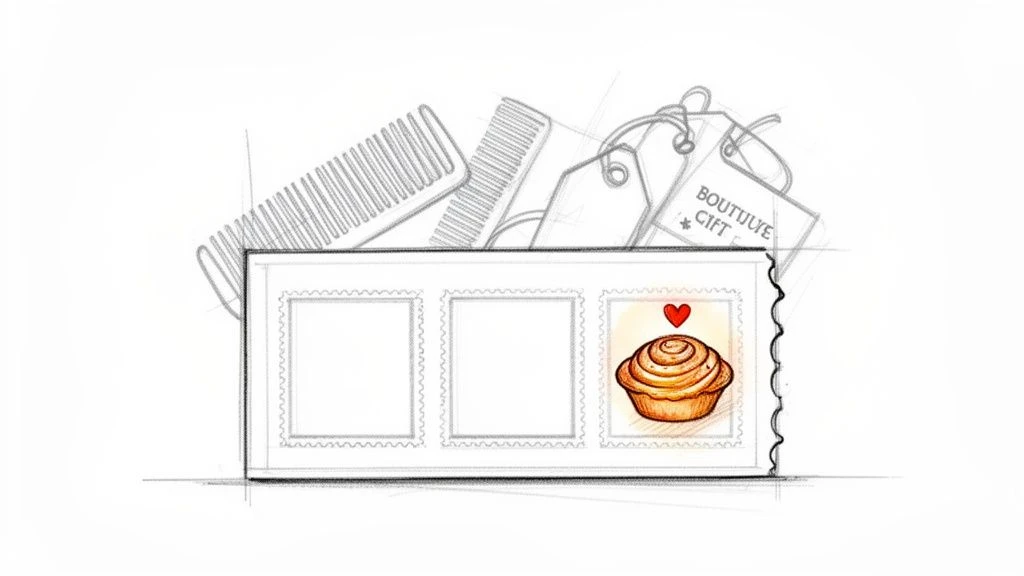 Schizzo disegnato a mano che illustra una scatola di pettini e cartellini regalo, con un timbro raffigurante un delizioso rotolo alla cannella.
