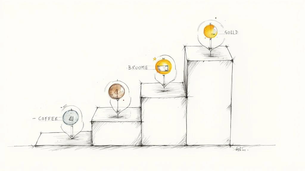 Ručne kreslený náčrt znázorňujúci viacúrovňový vernostný program s úrovňami pre odmeny za kávu, Broome a zlato.