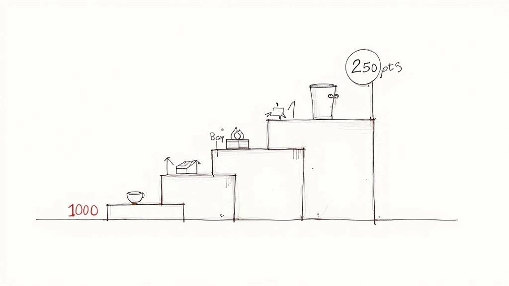 Ručně kreslený náčrt znázorňující stupňovitý bodový systém odměn s různými položkami na vzestupných stupních.