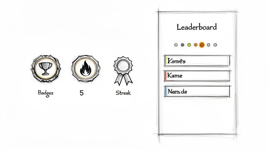 K&eacute;zzel rajzolt v&aacute;zlat egy gamifik&aacute;lt ranglist&aacute;r&oacute;l, j&aacute;t&eacute;kosnevekkel, jelv&eacute;nyekkel, sz&eacute;ri&aacute;kkal &eacute;s achievement ikonokkal.