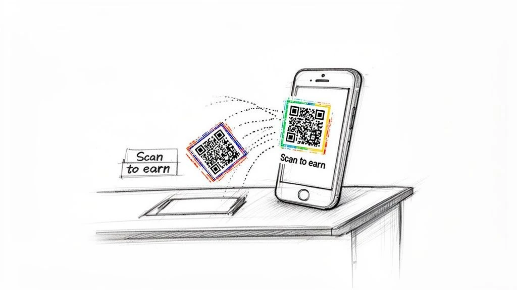 Odręczny szkic smartfona skanującego kolorowe kody QR do mobilnych nagród na stole.