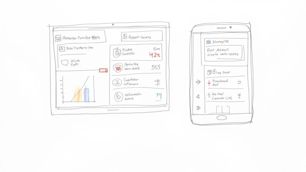 Ručně kreslen&eacute; n&aacute;črty dr&aacute;těn&eacute;ho modelu ovl&aacute;dac&iacute;ho panelu pro tablet a rozhran&iacute; mobiln&iacute; aplikace, zobrazuj&iacute;c&iacute; data a seznamy.