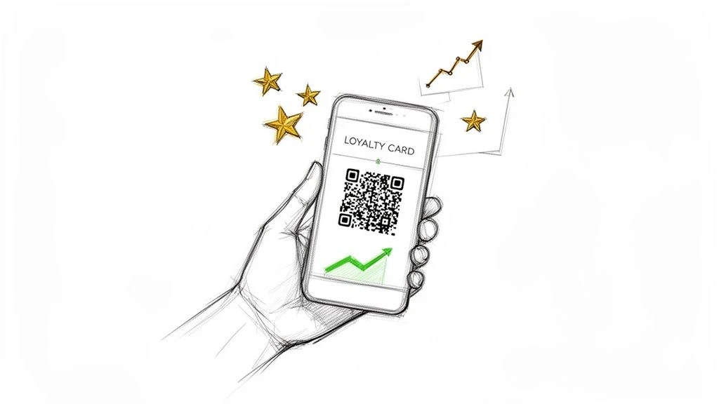 Ruka držiaca smartfón zobrazujúci digitálnu vernostnú kartu s QR kódom, hviezdičkami a rastovými grafmi.