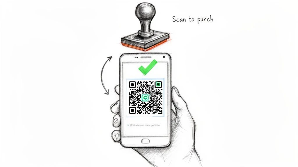 Hand holding smartphone with a QR code and green checkmark, illustrating a digital punch card system.